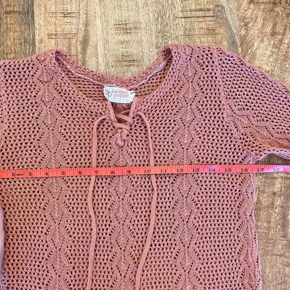 Vintage Beldoch Popper Sweater Small Open Knit Lace Up Salmon Pink Boho Western - Picture 9 of 10